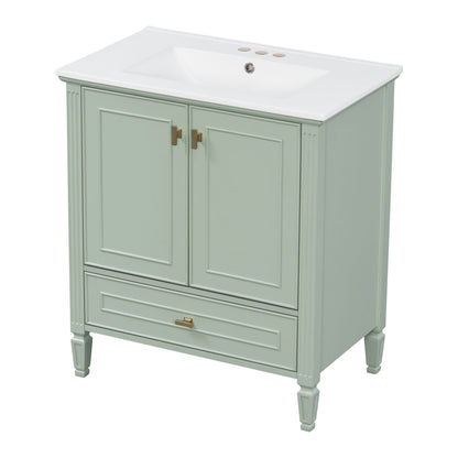 Freestanding vanity by HouseOfZazla green finish with white countertop, 2 doors and bottom drawer on Tampa Home & Garden Store