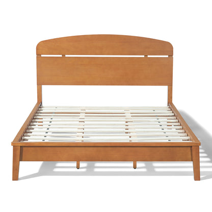 Queen size solid wood platform bed with curved headboard and slatted base in warm brown finish on Tampa Home & Garden Store