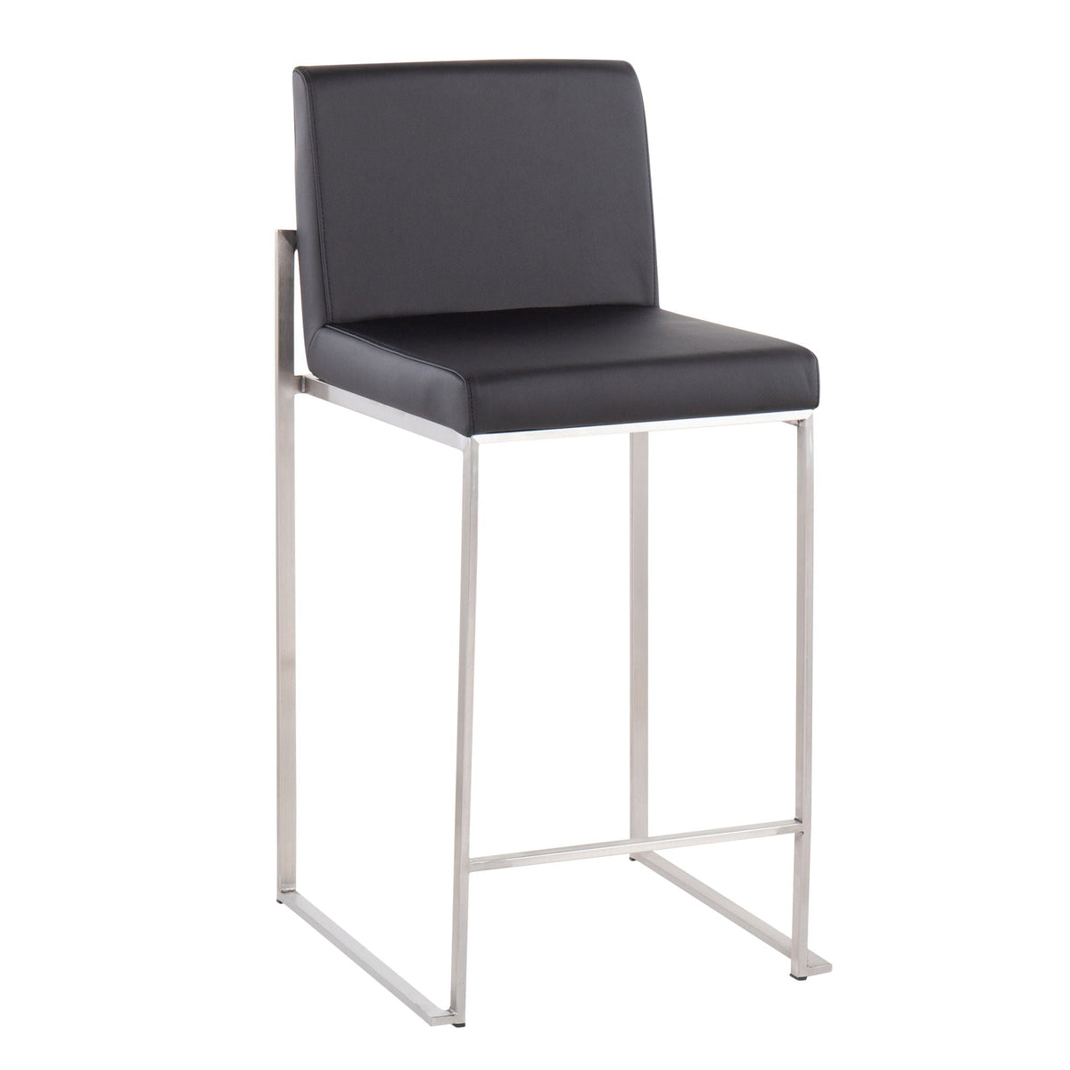 Contemporary high-back counter stool with padded backrest in black vinyl, chrome metal frame on Tampa Home & Garden Store