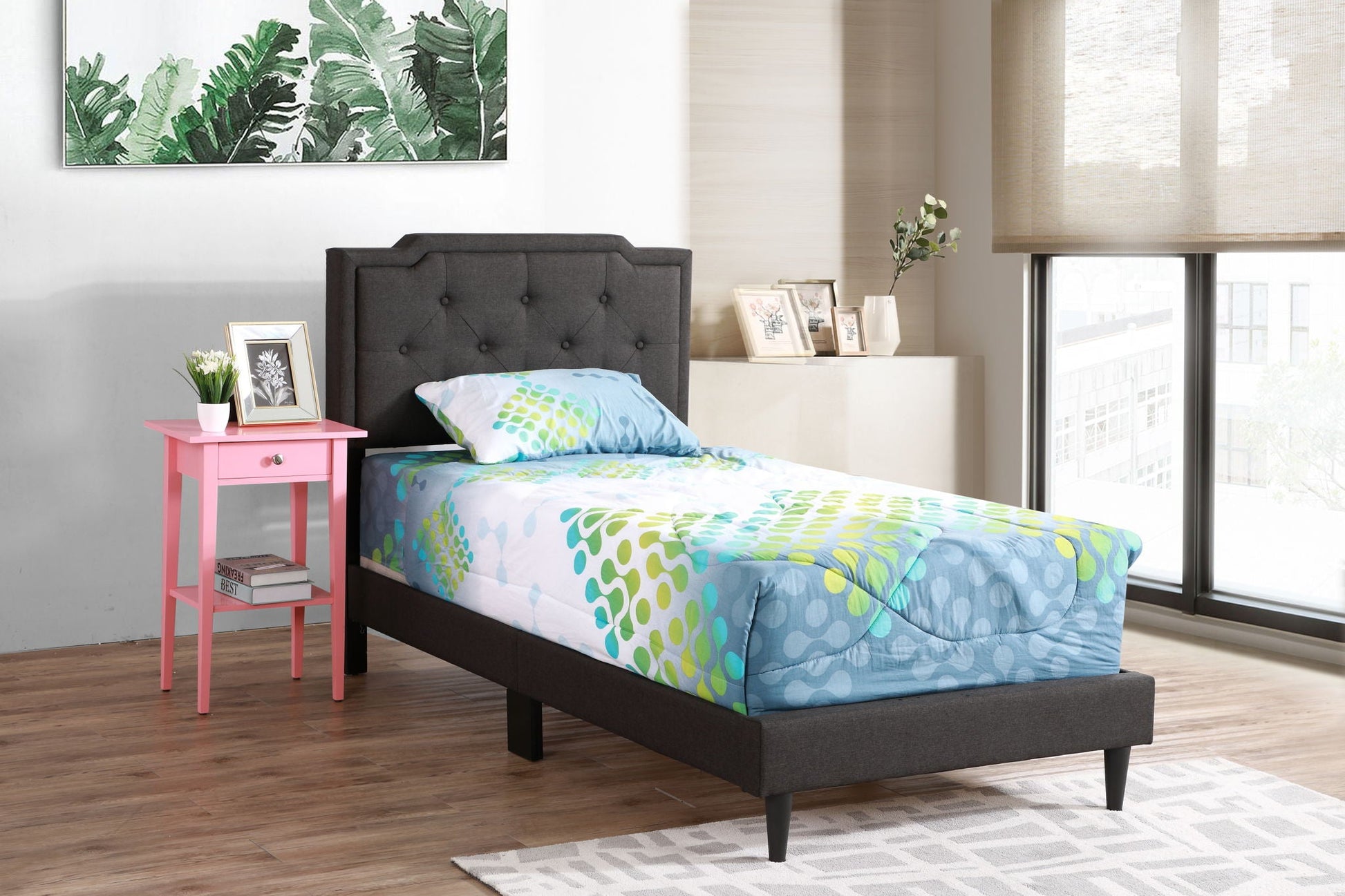 Button tufted upholstered bed by HouseOfZazla in dark gray with tufted headboard and frame on Tampa Home & Garden Store