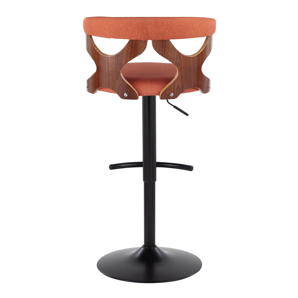 Barstool set with swivel, orange fabric seat, wood curved frame and pedestal base on Tampa Home & Garden Store