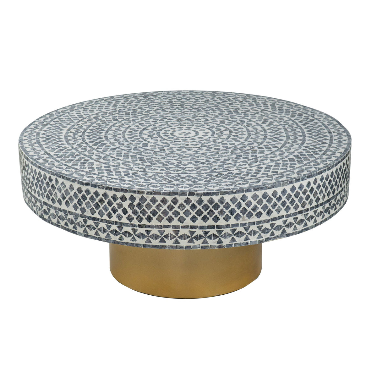 Capiz mosaic coffee table with gold pedestal base by HouseOfZazla on Tampa Home & Garden Store