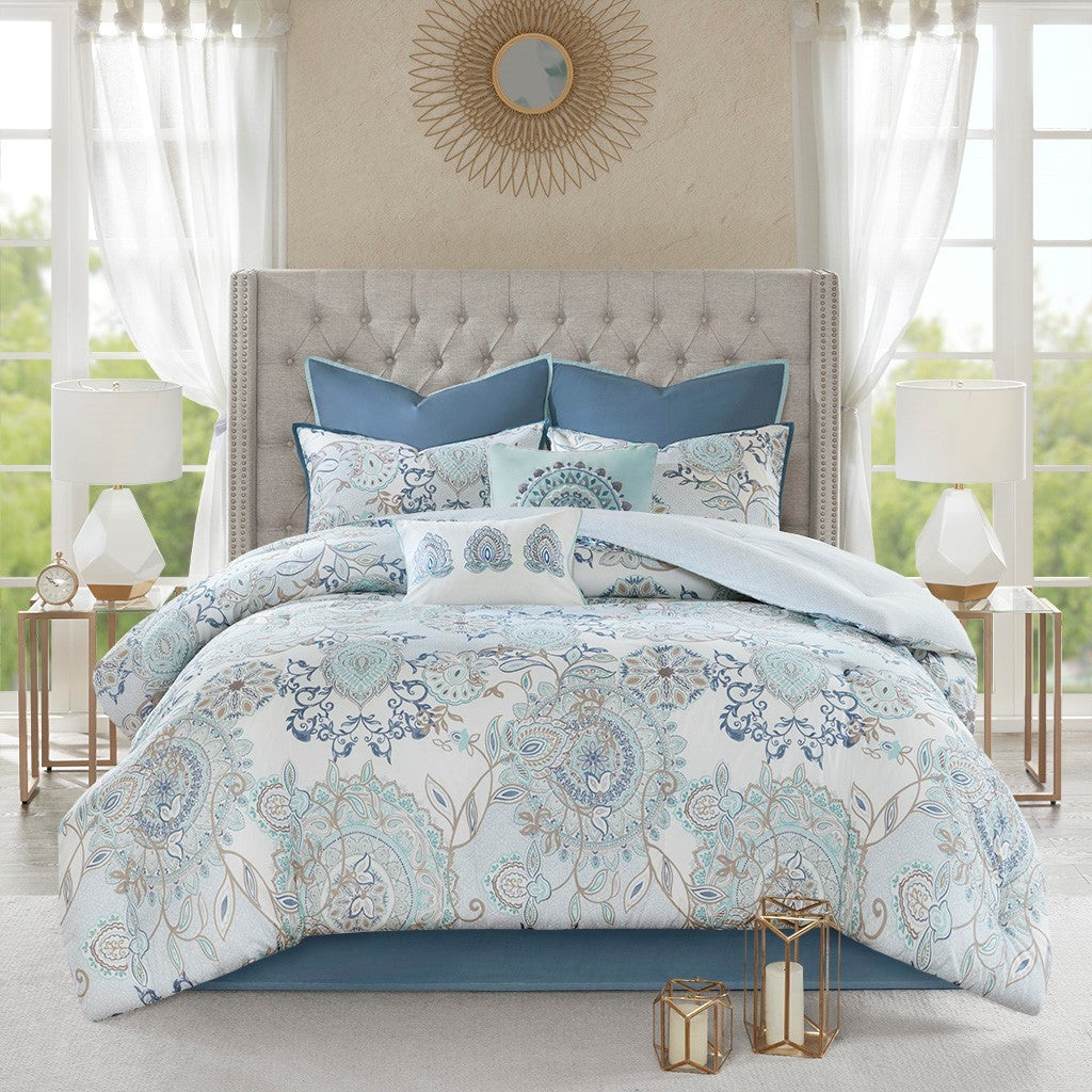 8 Piece Cotton Floral Printed Reversible Comforter Set Blue on bed with blue accent pillows on Tampa Home & Garden Store