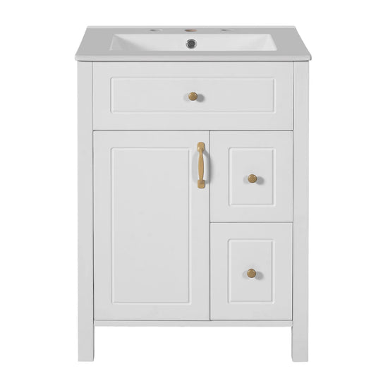 White bathroom vanity with ceramic sink, brass hardware, ample storage drawer and cabinet doors on Tampa Home & Garden Store