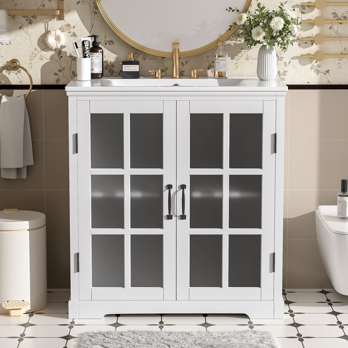 Modern bathroom vanity from HouseOfZazla with ceramic sink, white cabinet and glass doors on Tampa Home & Garden Store