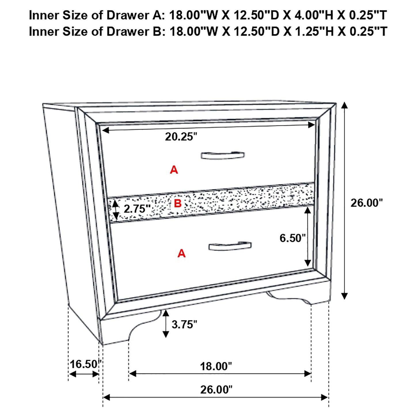 Corbin Glittering 4-Piece Bedroom Set by HouseOfZazla; drawer A/B dimensions schematic on Tampa Home & Garden Store