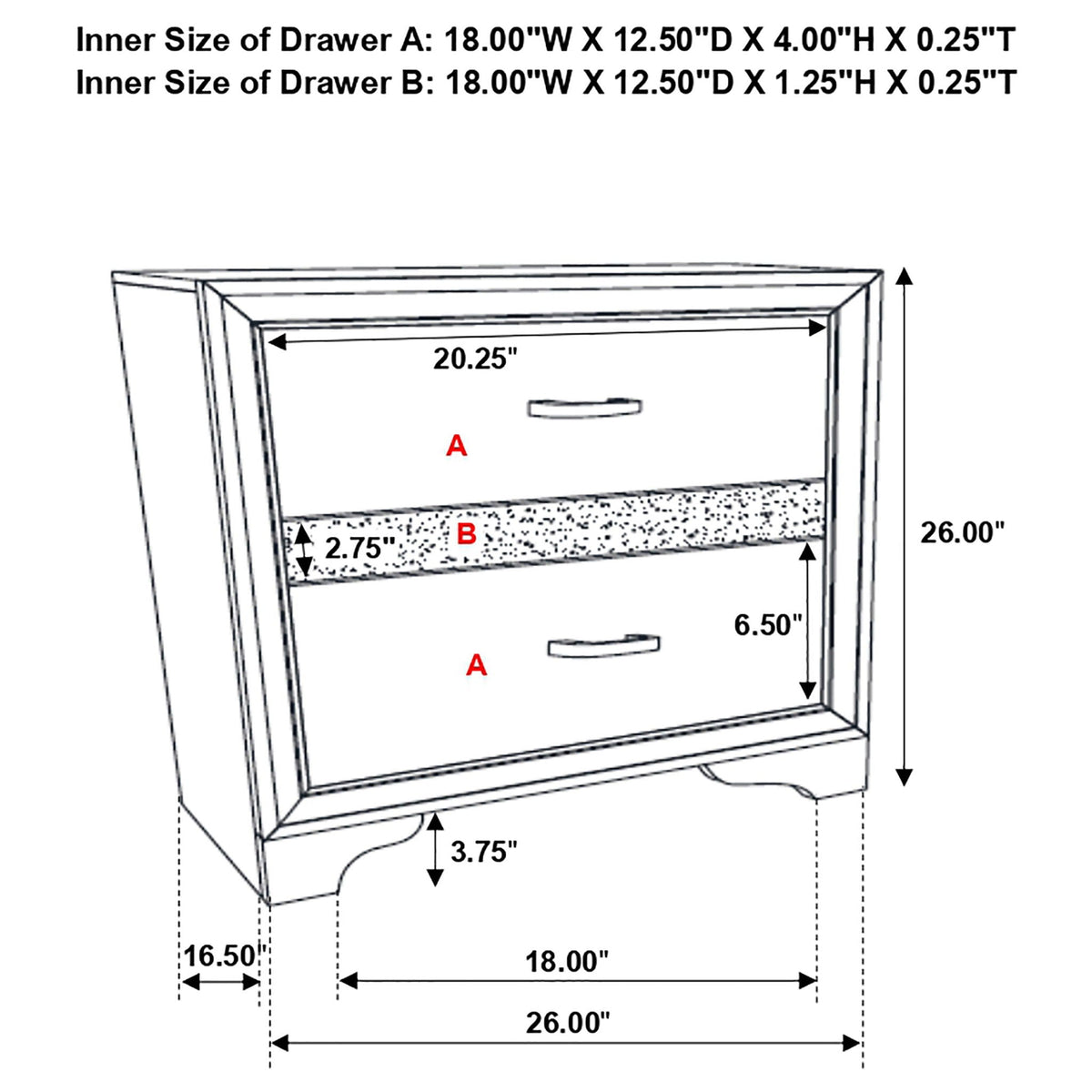 Corbin Glittering 4-Piece Bedroom Set by HouseOfZazla; drawer A/B dimensions schematic on Tampa Home & Garden Store