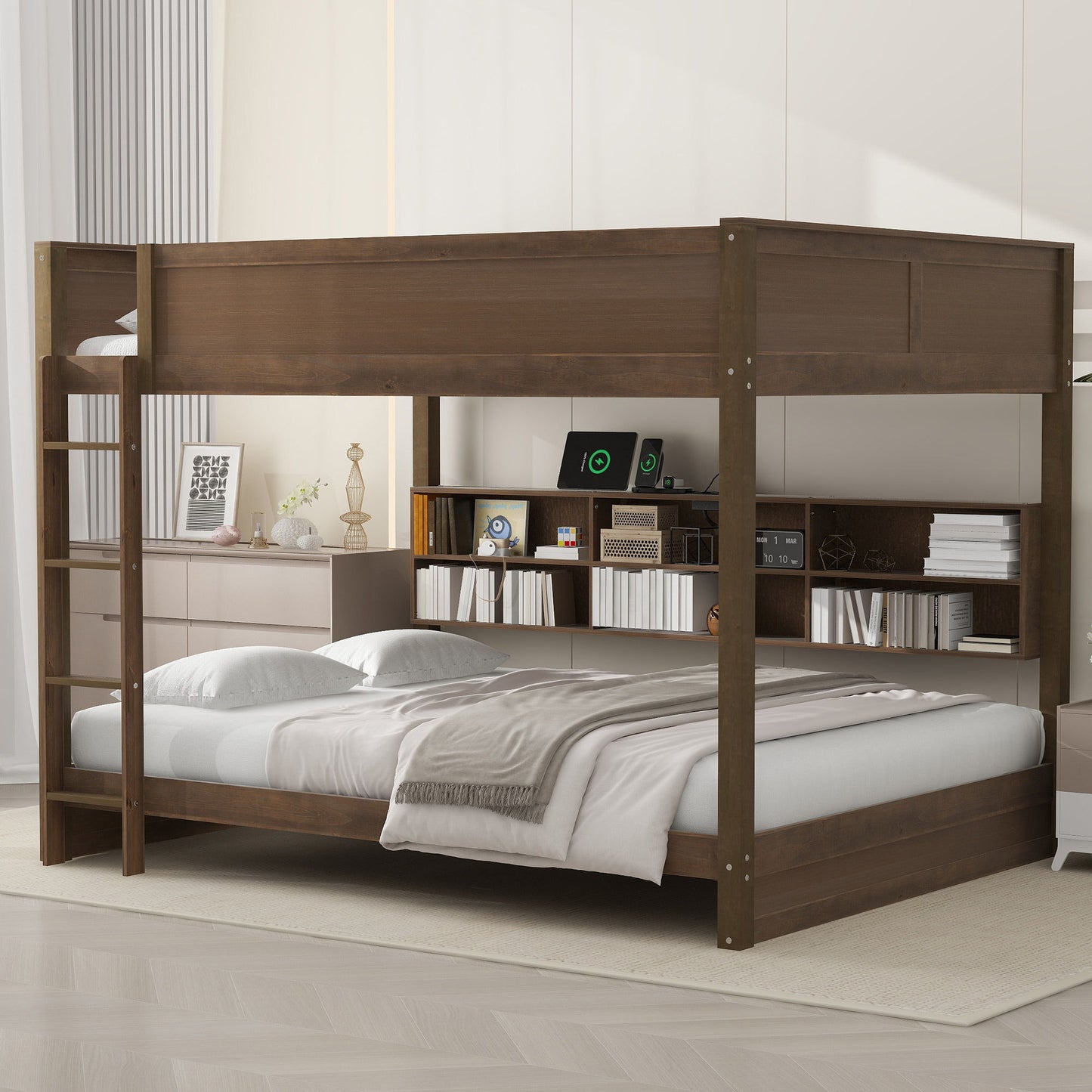 Bunk bed with storage cabinets and USB ports in dark brown wood by HouseOfZazla, with ladder on Tampa Home & Garden Store