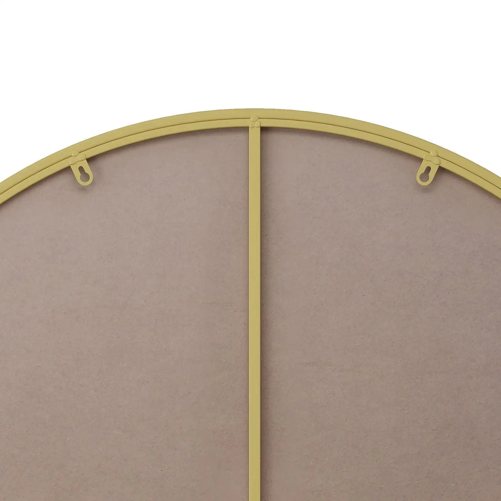 Round wall mirror with a gold metal frame and beige backing on Tampa Home & Garden Store