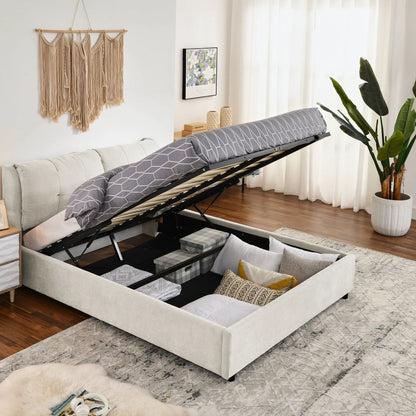 Storage upholstered hydraulic platform bed with integrated headboard in grey fabric on Tampa Home & Garden Store