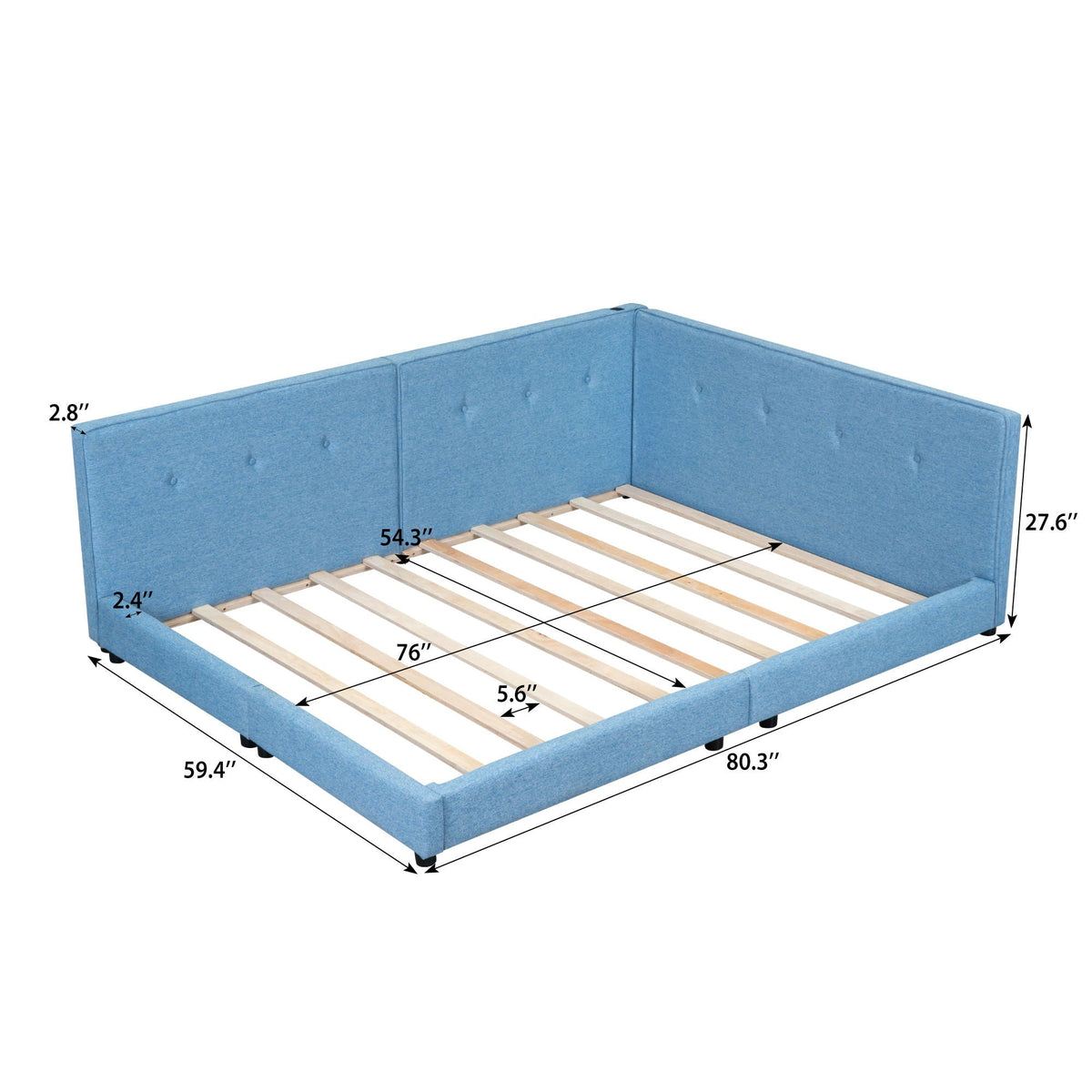 Modern upholstered platform bed frame in blue with wooden slat foundation on Tampa Home & Garden Store