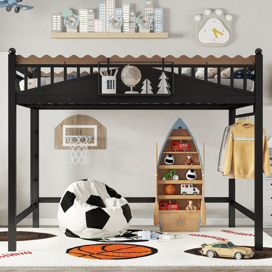 Queen Size Loft Bed with Ladders and Storage in black metal frame on Tampa Home & Garden Store