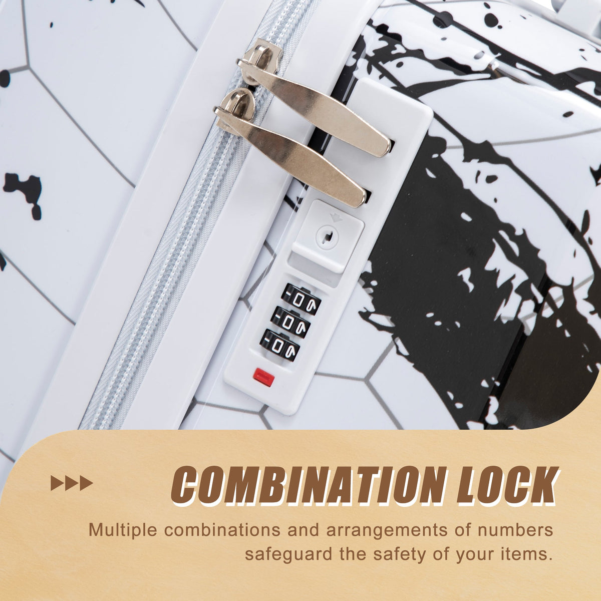 20 Inch PC Spinner Wheel Luggage with Combination Lock white pastel hard case HouseOfZazla brand close-up of zipper and locks on Tampa Home & Garden Store