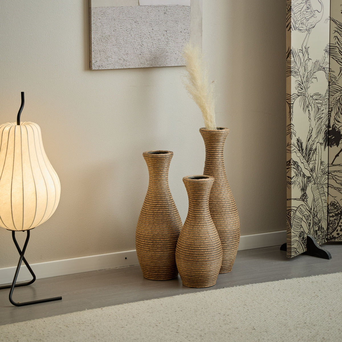 3-piece beige artificial rattan floor vase set with tall, medium, and small woven vases on Tampa Home & Garden Store