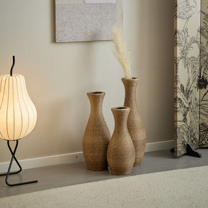3-piece beige artificial rattan floor vase set with tall, medium, and small woven vases on Tampa Home & Garden Store