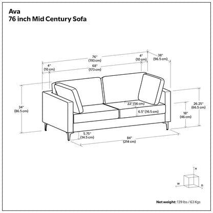Ava 76 in Mid Century Sofa upholstered stationary sofa by Unique Piece Furniture; line drawing on Tampa Home & Garden Store
