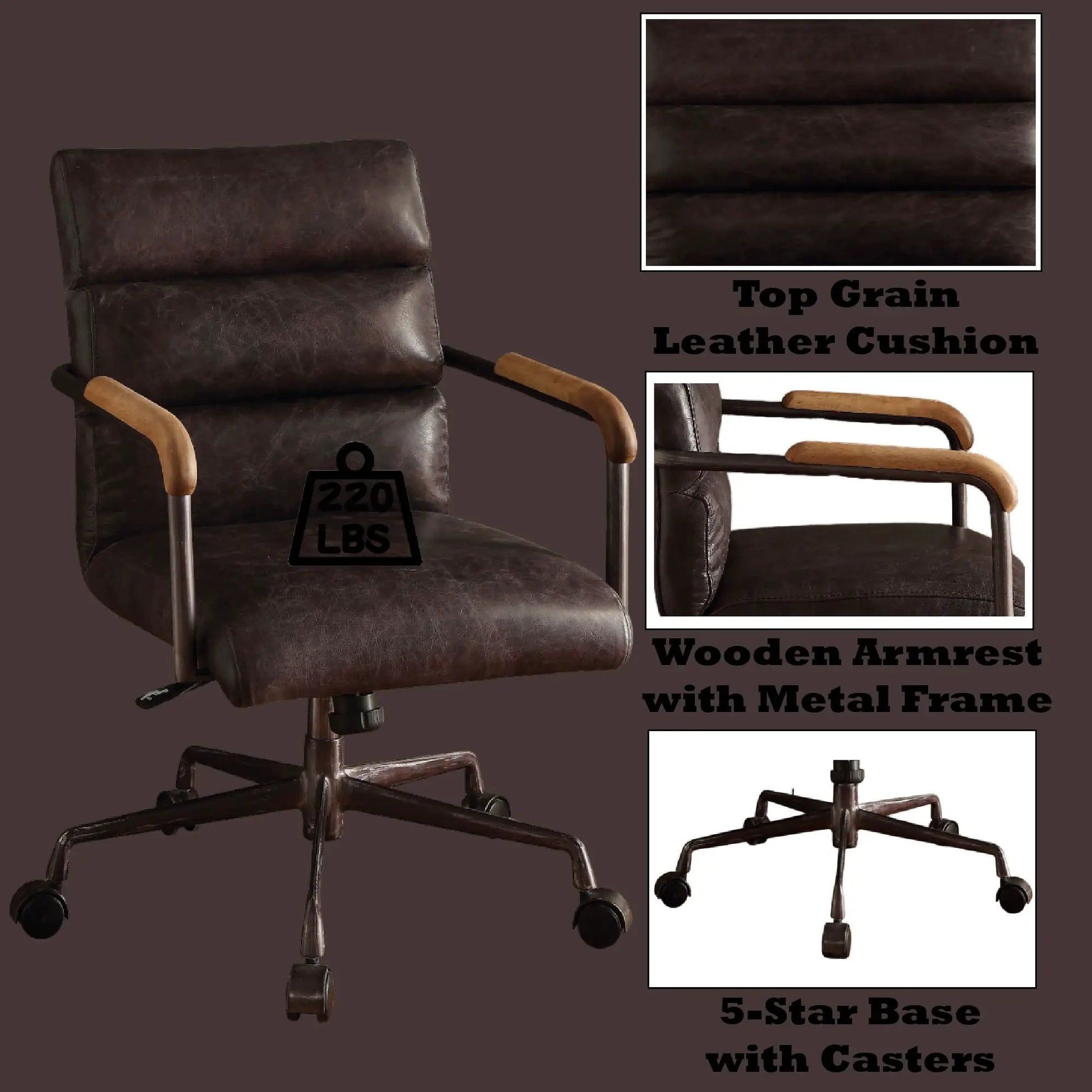 Harith retro top-grain leather office chair with wooden armrests on a metal five-star base on Tampa Home & Garden Store