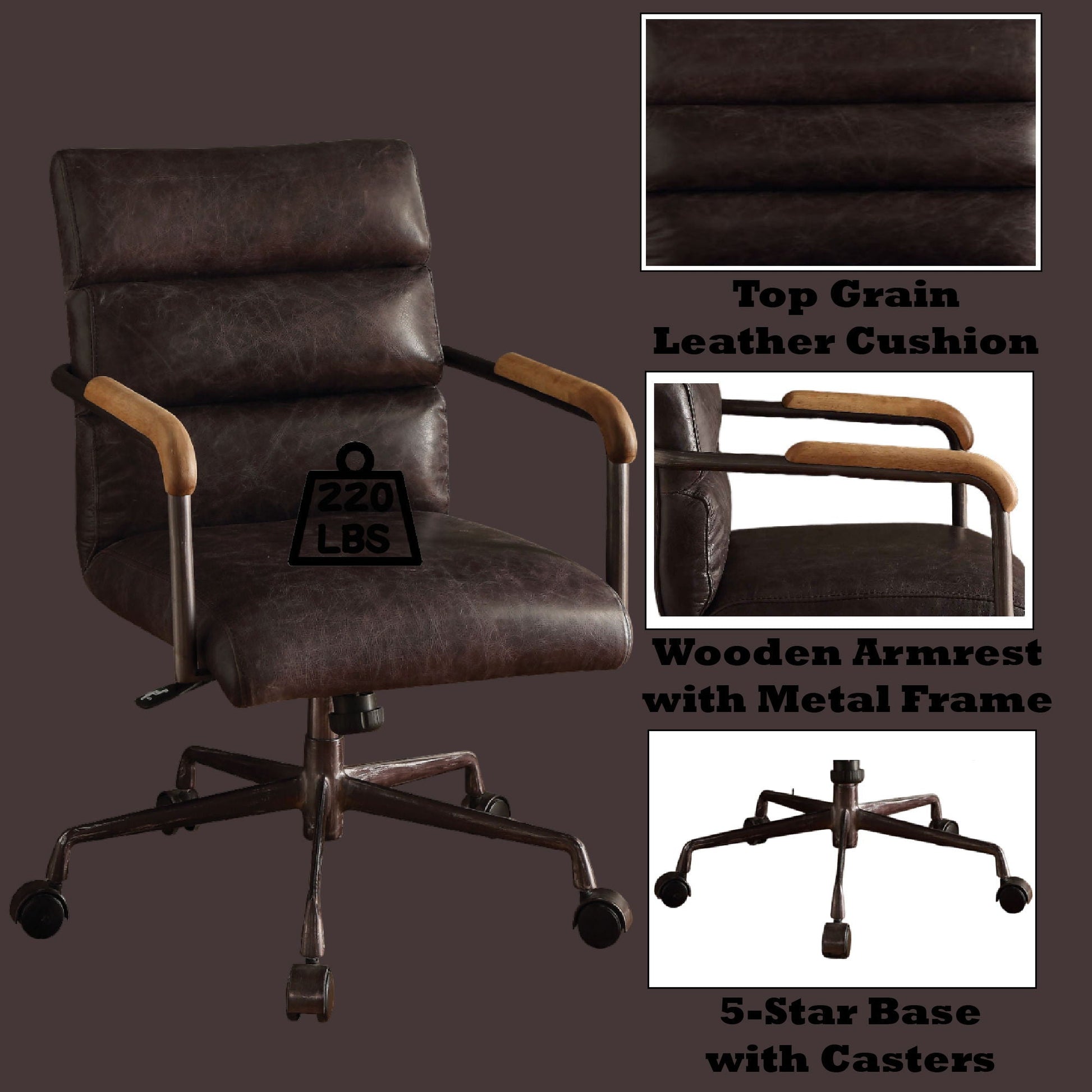 Harith Retro Leather Office Chair, HouseOfZazla, brown leather, arms, 5-star base with casters on Tampa Home & Garden Store