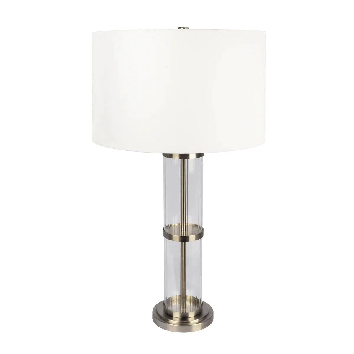 Echo table lamp with clear glass body and brass accents, white drum shade on Tampa Home & Garden Store