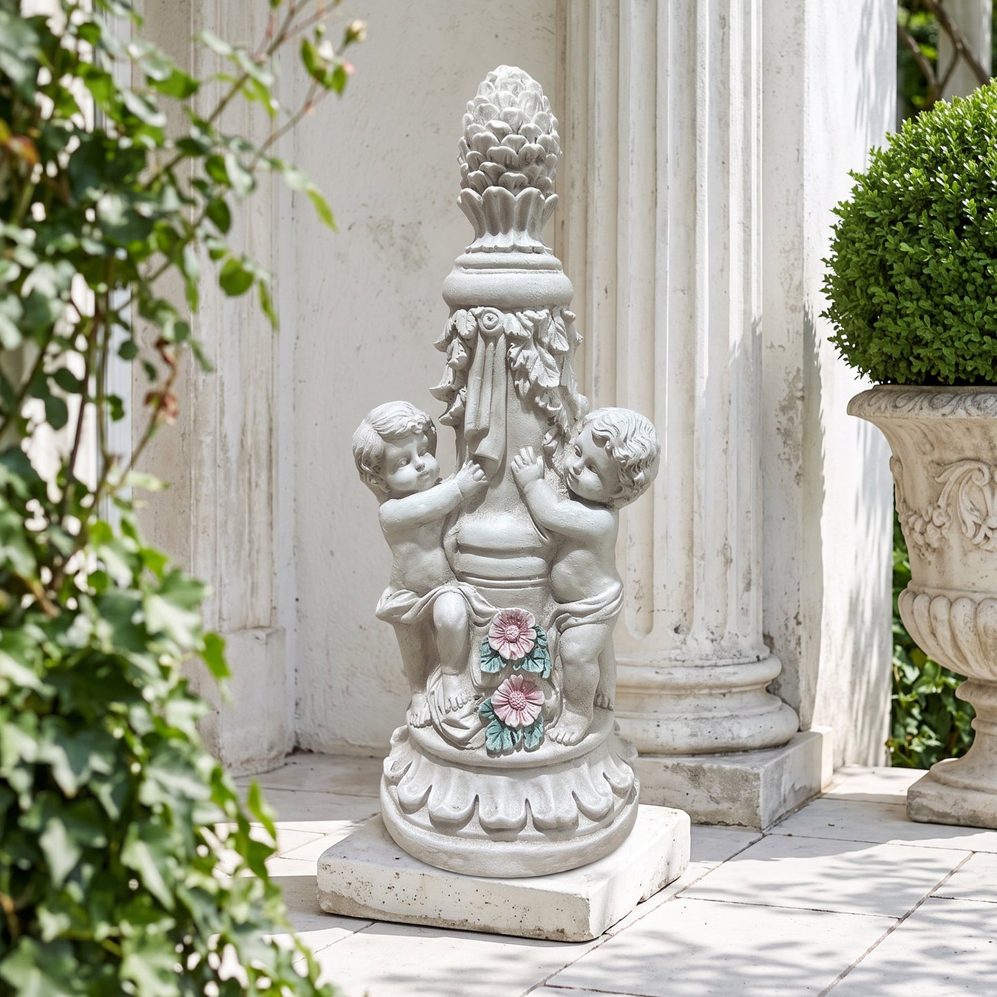 Climbing Children Garden Statue by HouseOfZazla, cherubs with florals, gray stone finish on Tampa Home & Garden Store