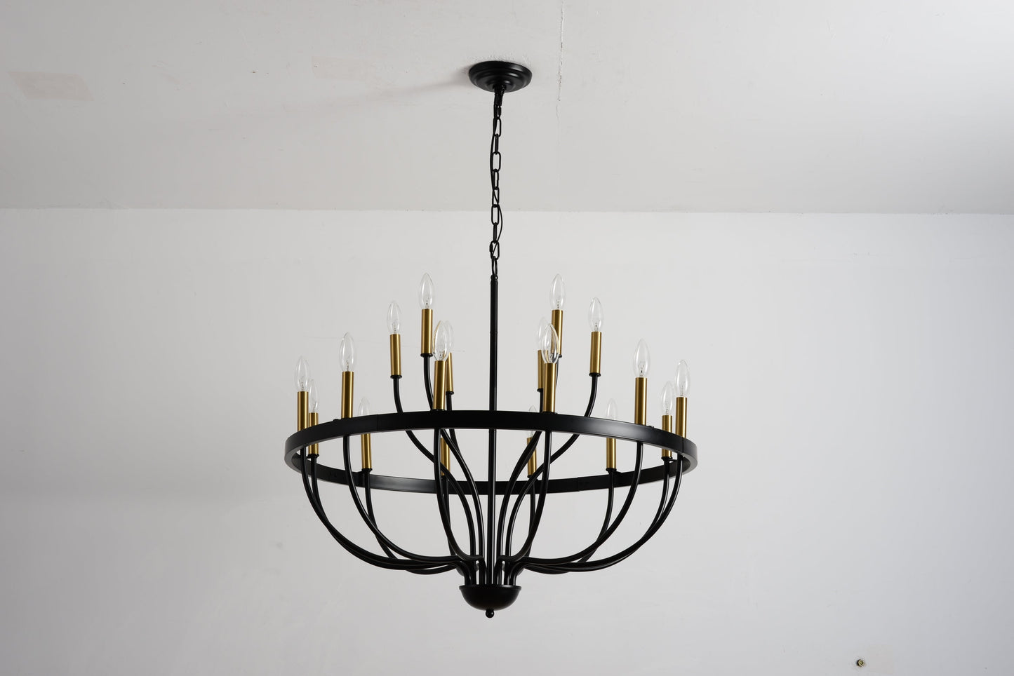 15-light industrial iron candle chandelier with black frame and brass candle holders, pendant light on Tampa Home & Garden Store
