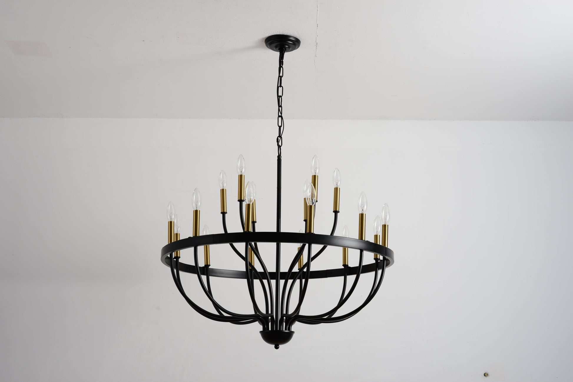15-light industrial iron candle chandelier with black frame and brass candle holders, pendant light on Tampa Home & Garden Store