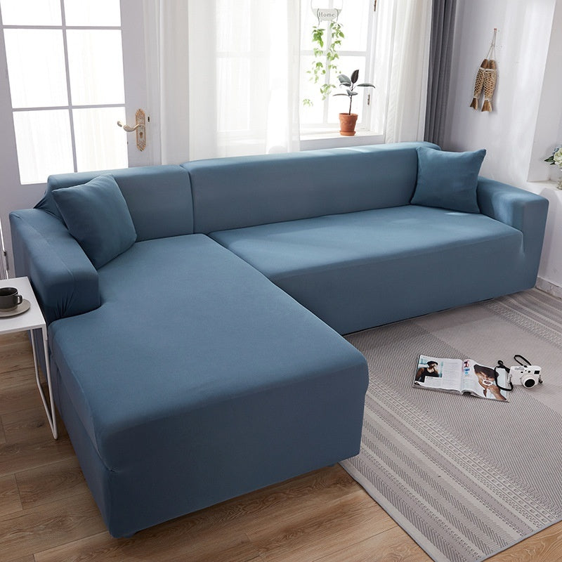 Nordic Imperial Concubine blue elastic sofa cover set on a corner sectional sofa on Tampa Home & Garden Store