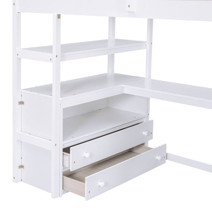 Loft bed with desk in white wood, open shelving and two front drawers on Tampa Home & Garden Store