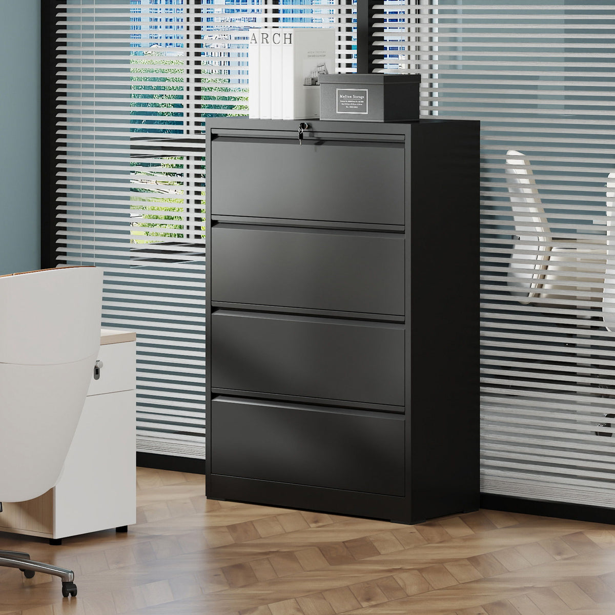 Black metal lateral filing cabinet by HouseOfZazla with locking drawers and gray storage box on top on Tampa Home & Garden Store