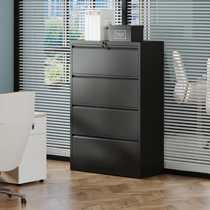Black metal lateral filing cabinet by HouseOfZazla with locking drawers and gray storage box on top on Tampa Home & Garden Store