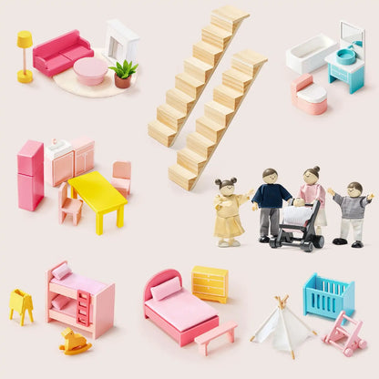Tiny Land Sweetwood Love Dollhouse set with pink furniture, wooden stairs and dolls on Tampa Home & Garden Store