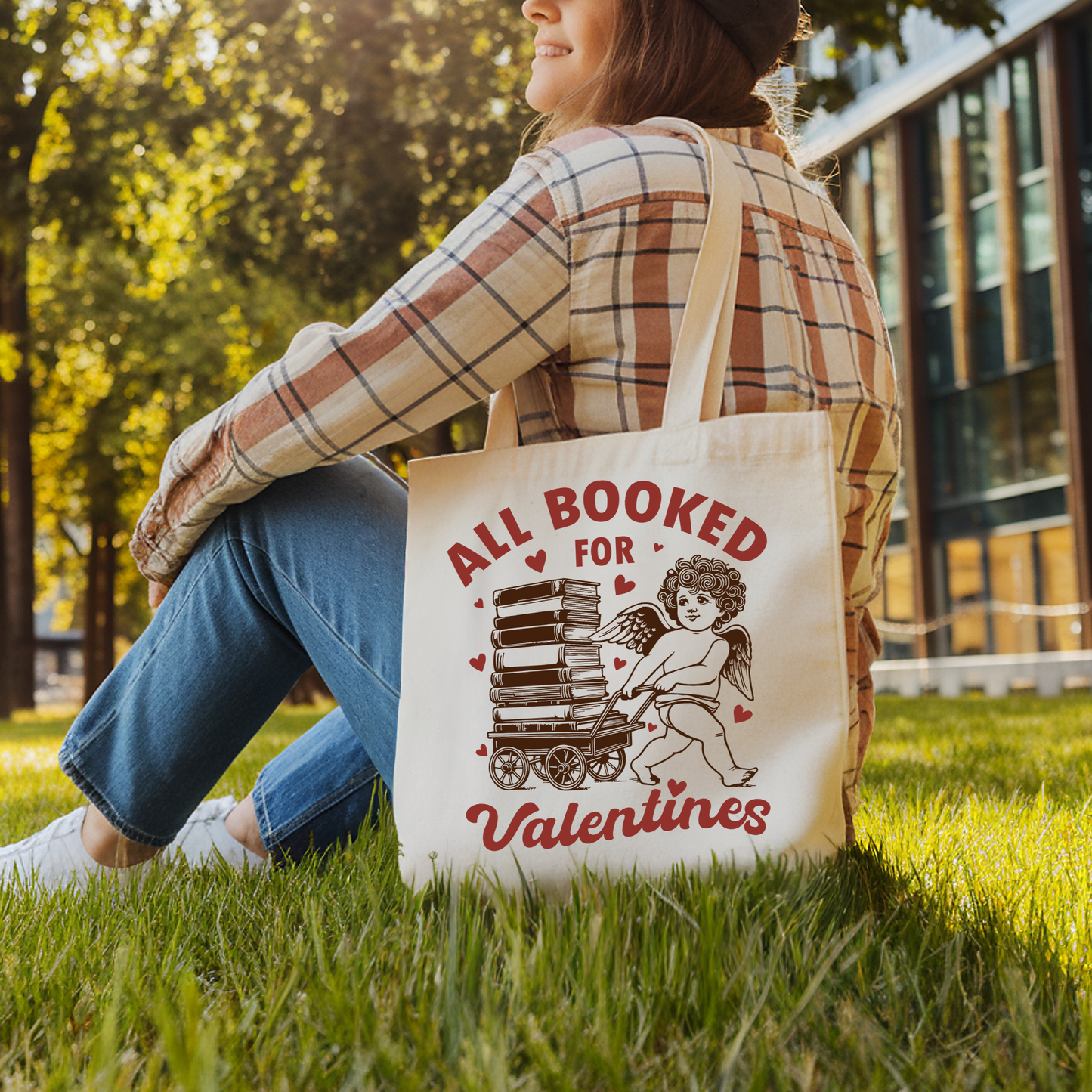 All Booked For Valentines Cupid Canvas Tote Bag, Vintage Funny Bookworm Gift