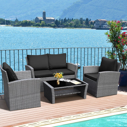 Juego de muebles de ratán para patio de 4 piezas con sofá, mesa con estante de almacenamiento y cojines - Negro