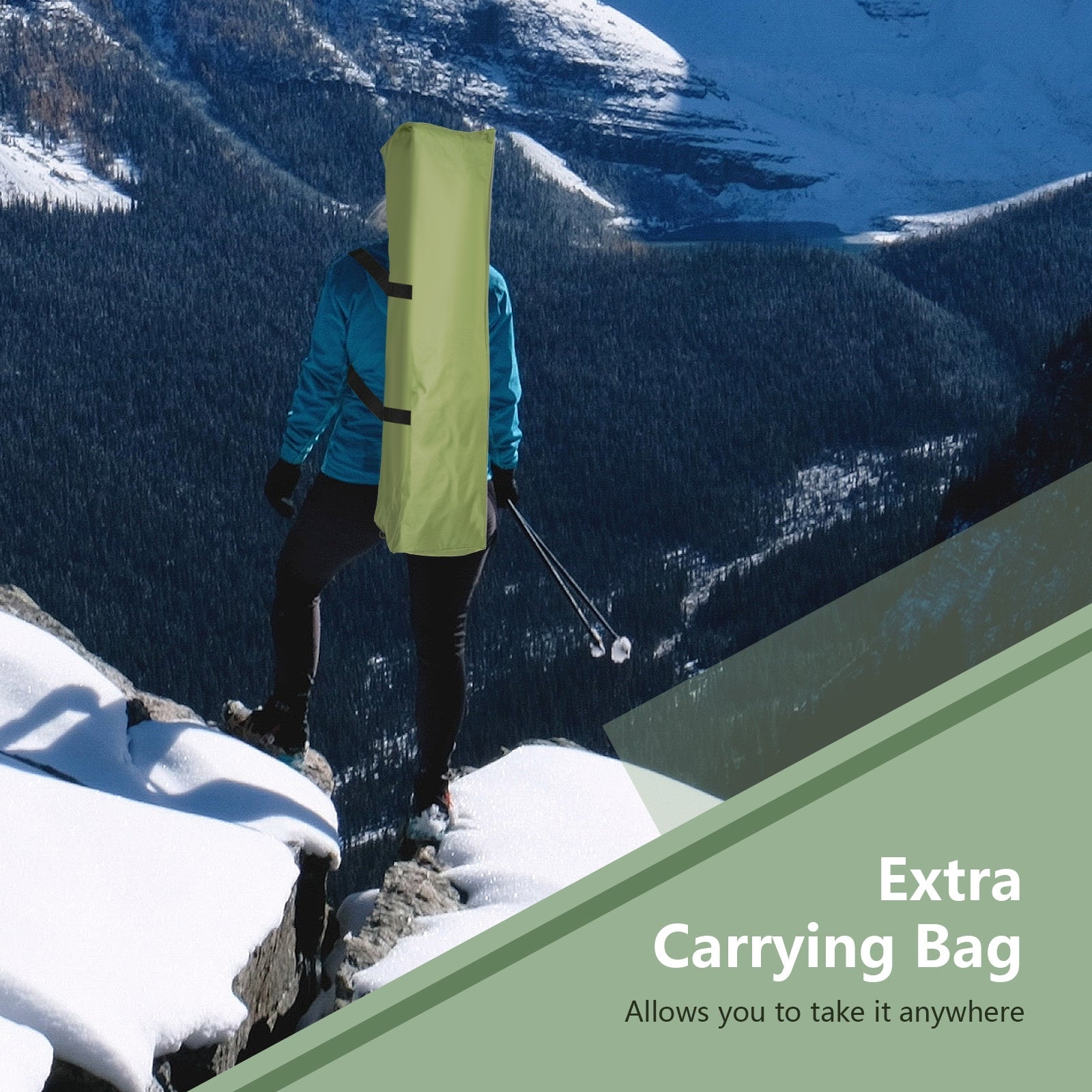 GemGear cot elevated tent with green external cover carried on back in snowy mountains on Tampa Home & Garden Store