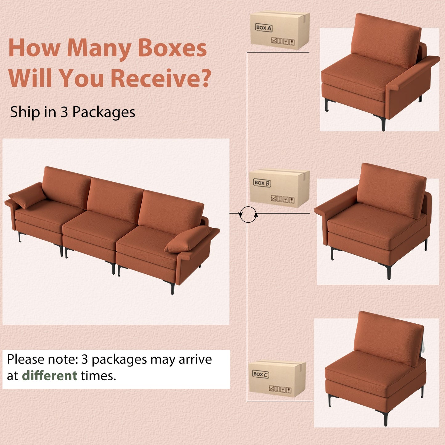 Sofá seccional grande de 3 plazas con patas de metal y 2 puertos USB para 3-4 personas - Rojo