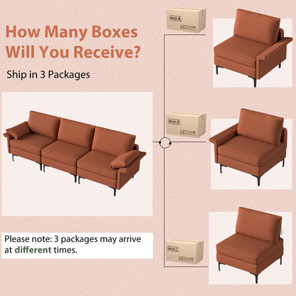 Sofá seccional grande de 3 plazas con patas de metal y 2 puertos USB para 3-4 personas - Rojo