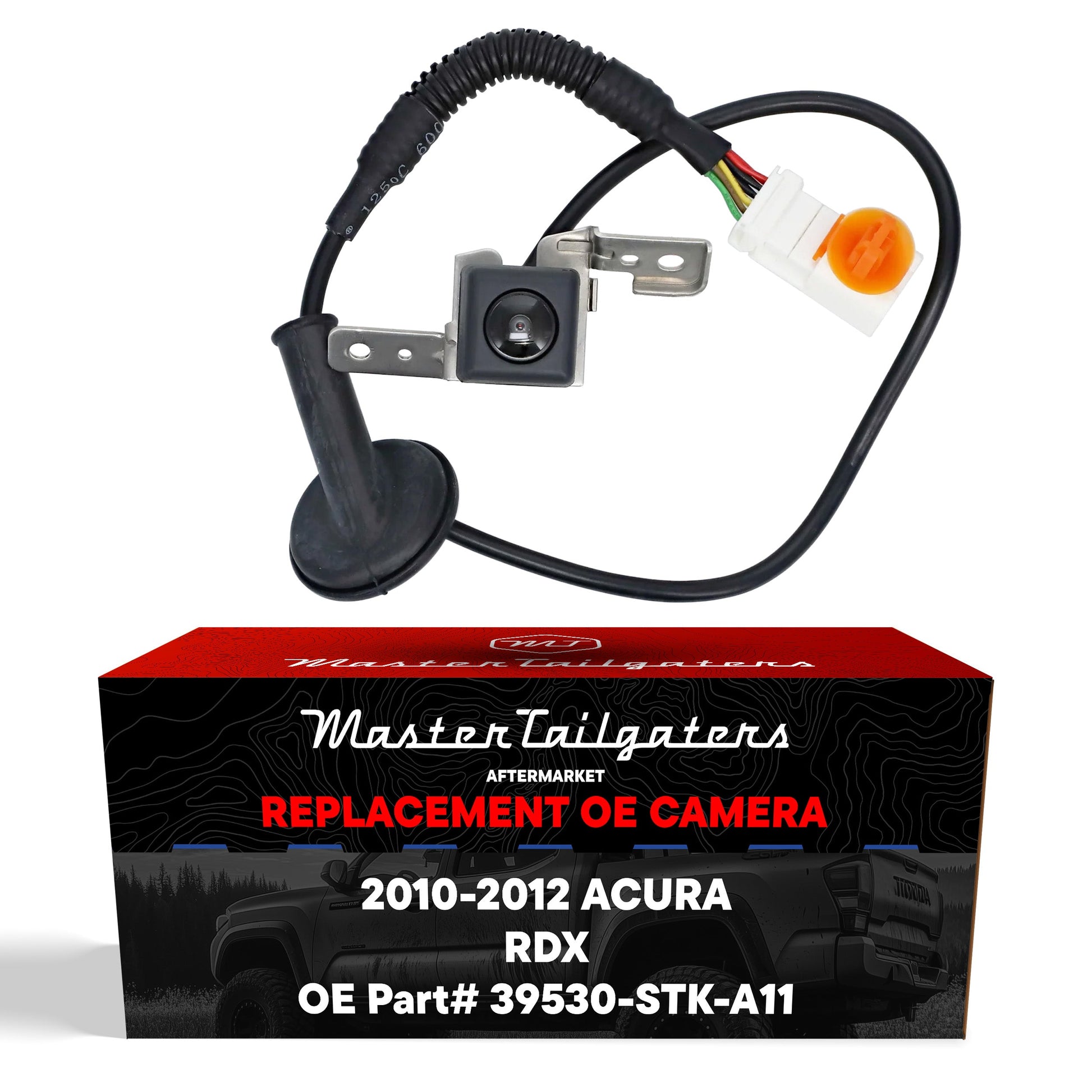 OEM backup camera for Acura RDX 2010-2012 by Master Tailgaters, black housing with wiring harness on Tampa Home & Garden Store