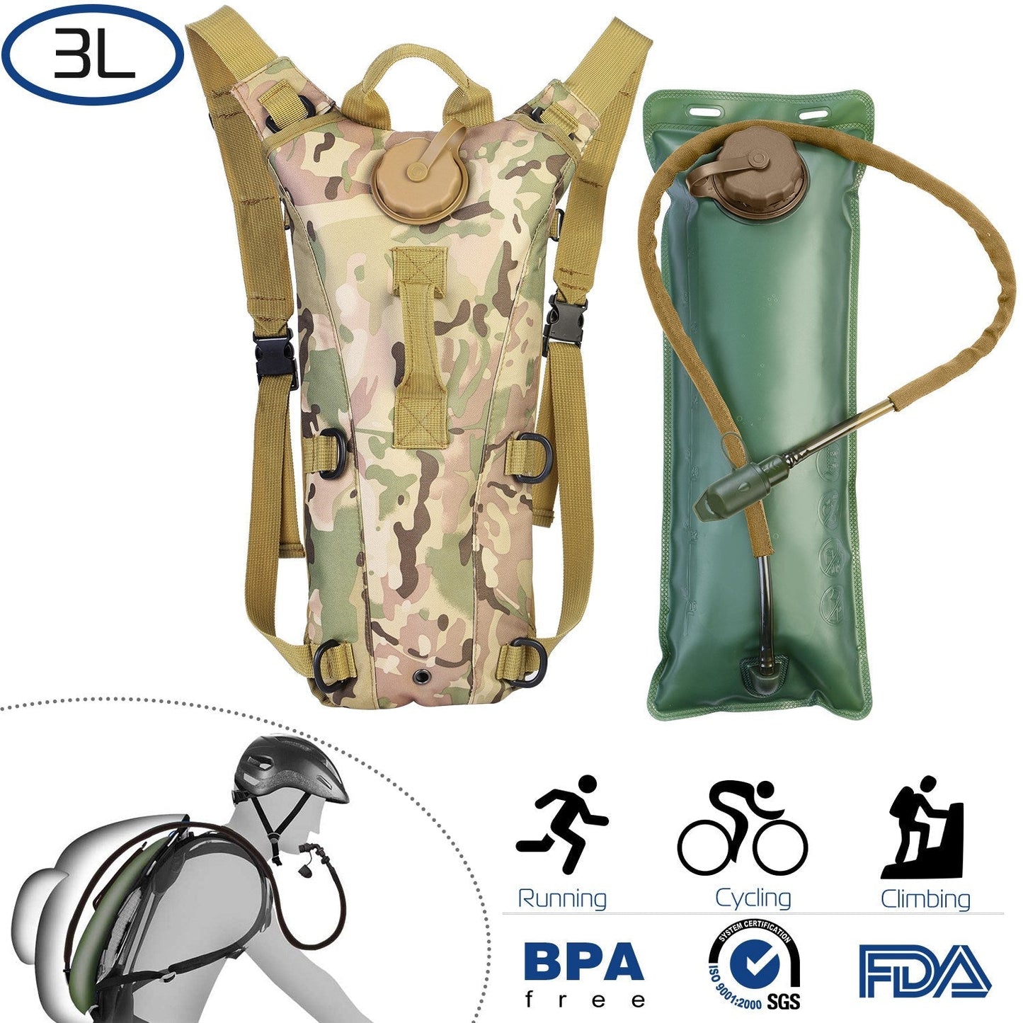 iMounTEK 3L camouflage hydration pack with adjustable straps and green bladder on Tampa Home & Garden Store