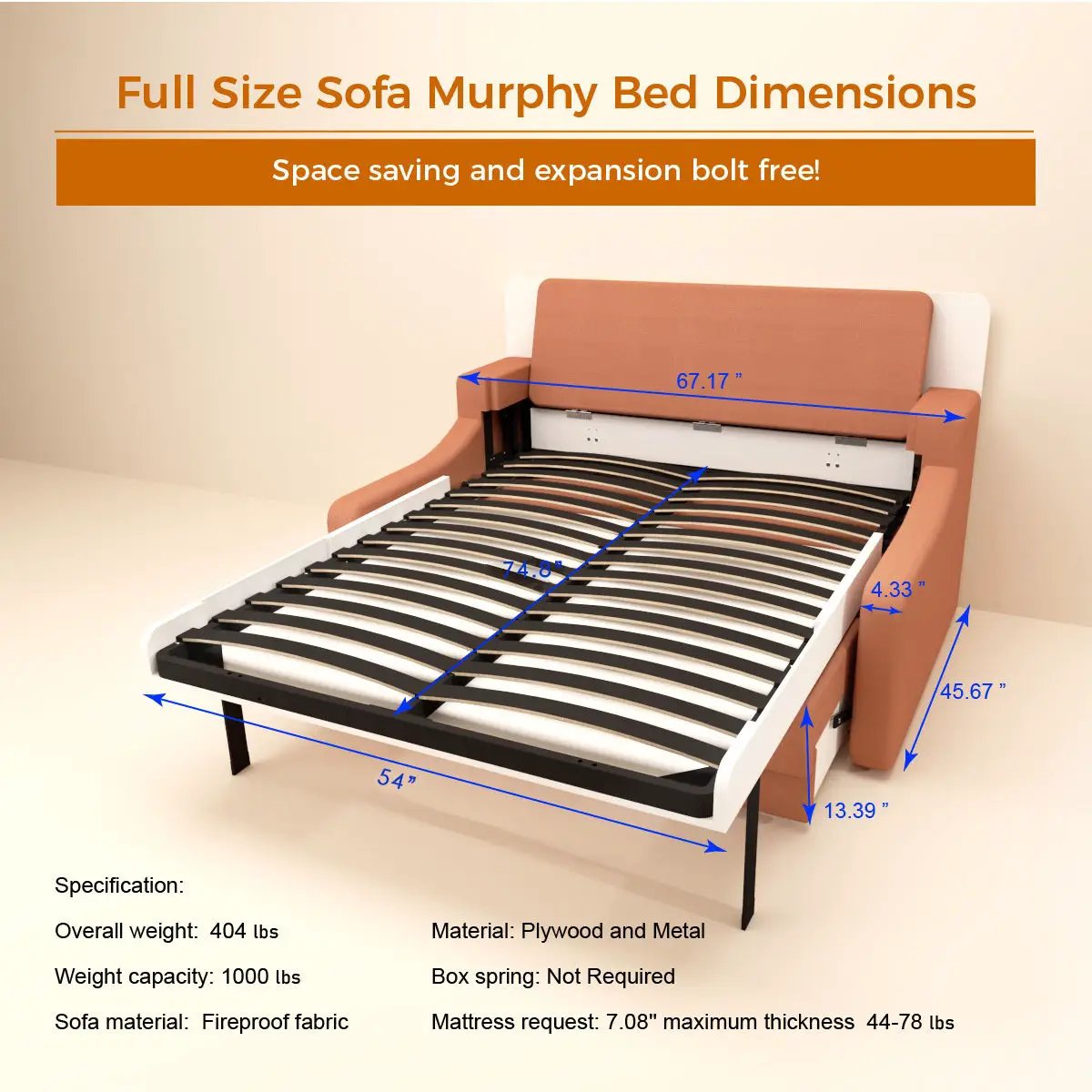 Vertical Murphy bed with orange sofa, white frame and slatted base space-saving wall bed on Tampa Home & Garden Store