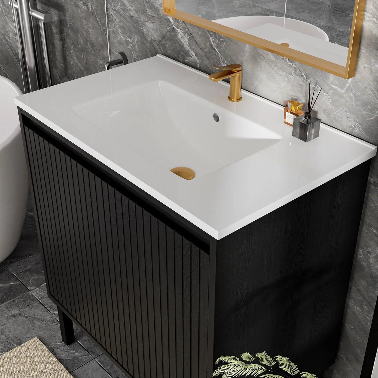 Bathroom vanity with ceramic sink, floor-standing black cabinet and gold faucet on Tampa Home & Garden Store