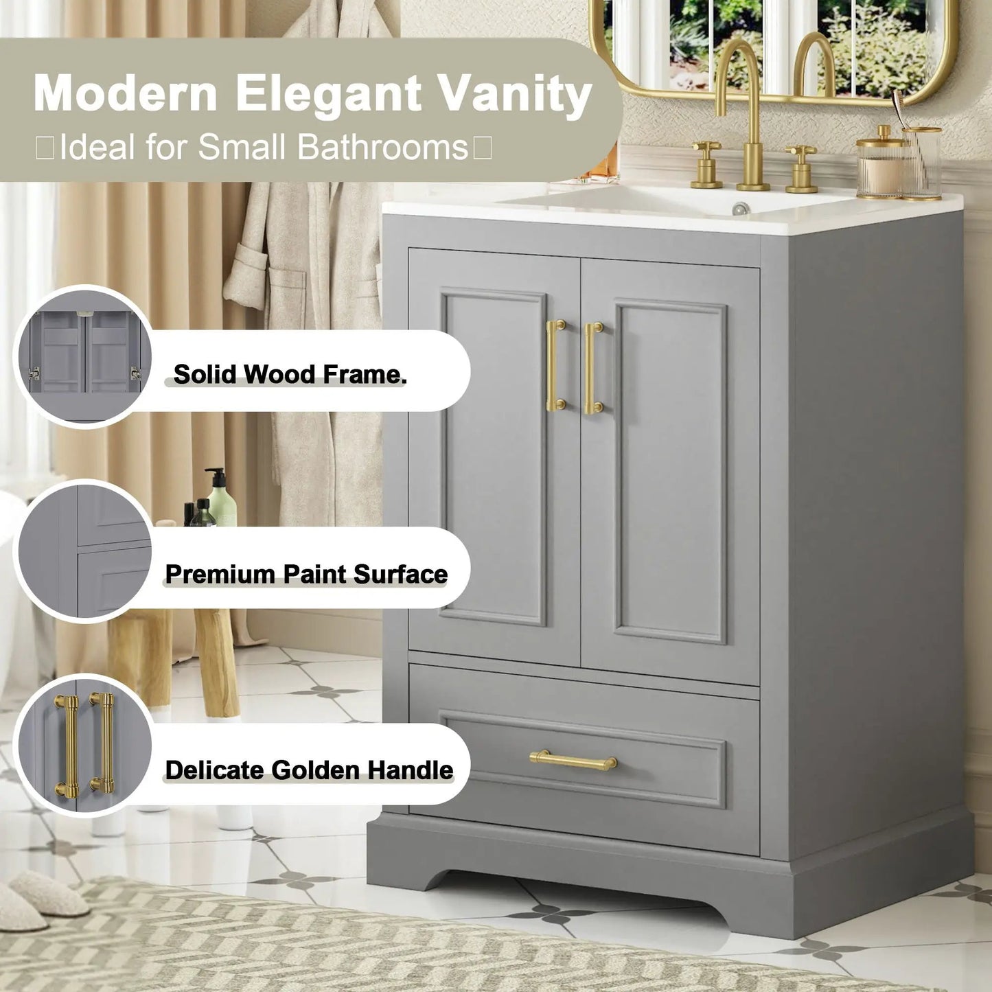 Bathroom vanity with sink in gray, white top, 2 soft-close doors and 1 drawer, gold hardware on Tampa Home & Garden Store