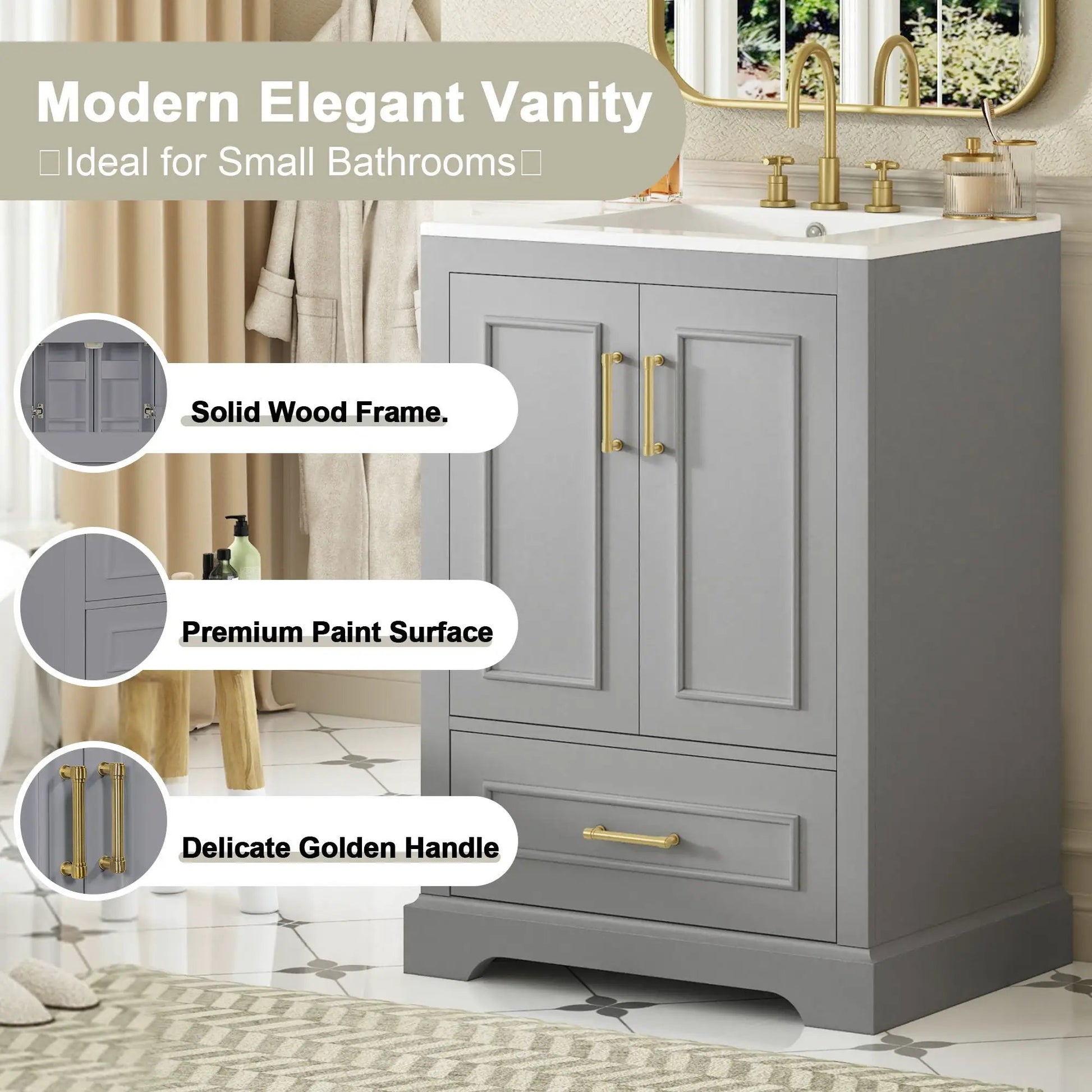 Bathroom vanity with sink in gray, white top, 2 soft-close doors and 1 drawer, gold hardware on Tampa Home & Garden Store
