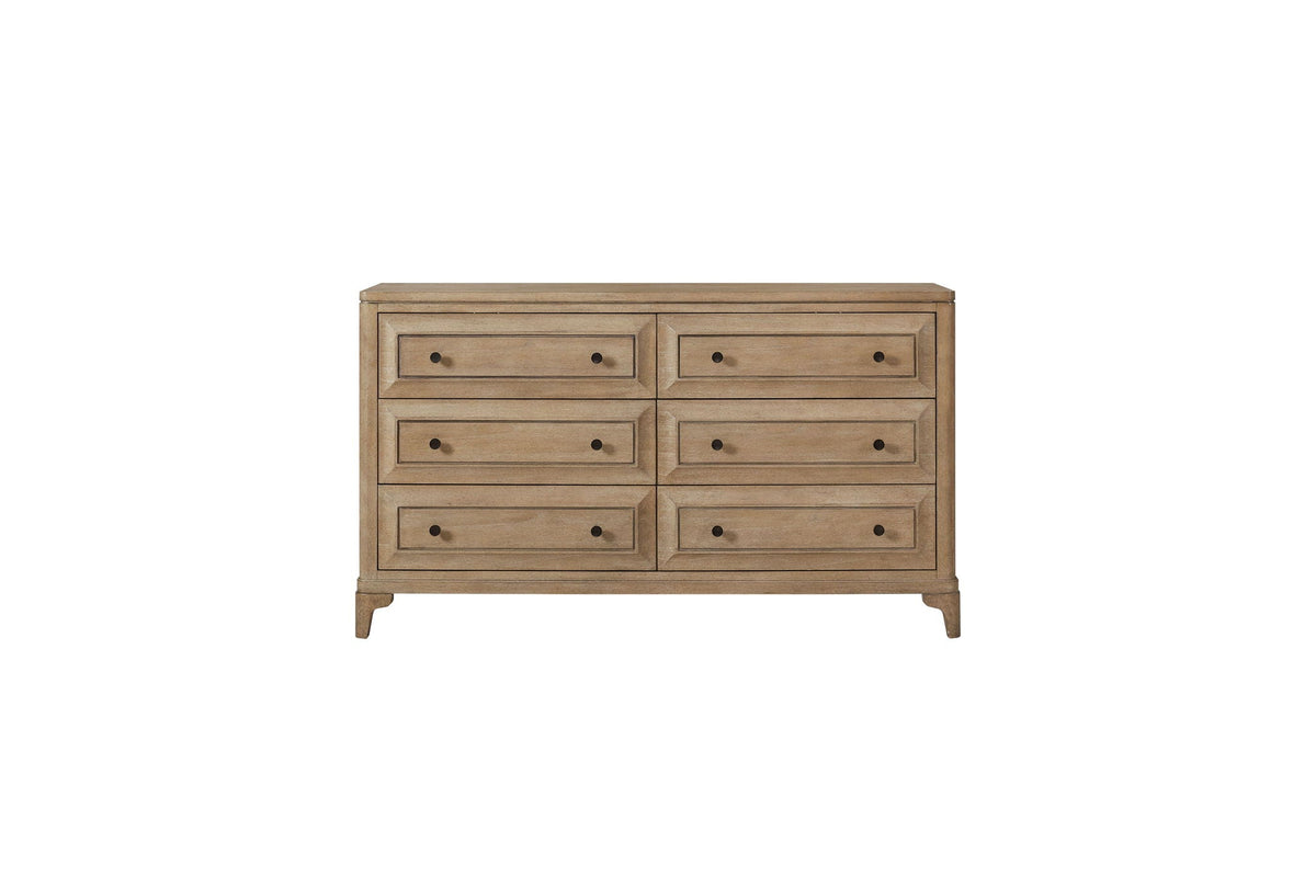 HouseOfZazla 6-drawer dresser in sand finish with framed drawer fronts and dark knobs on Tampa Home & Garden Store