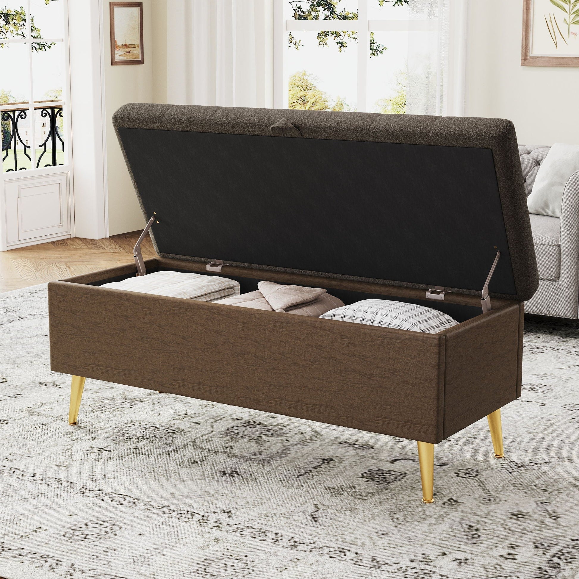 Modern tufted storage ottoman bench with metal legs in dark brown fabric on Tampa Home & Garden Store