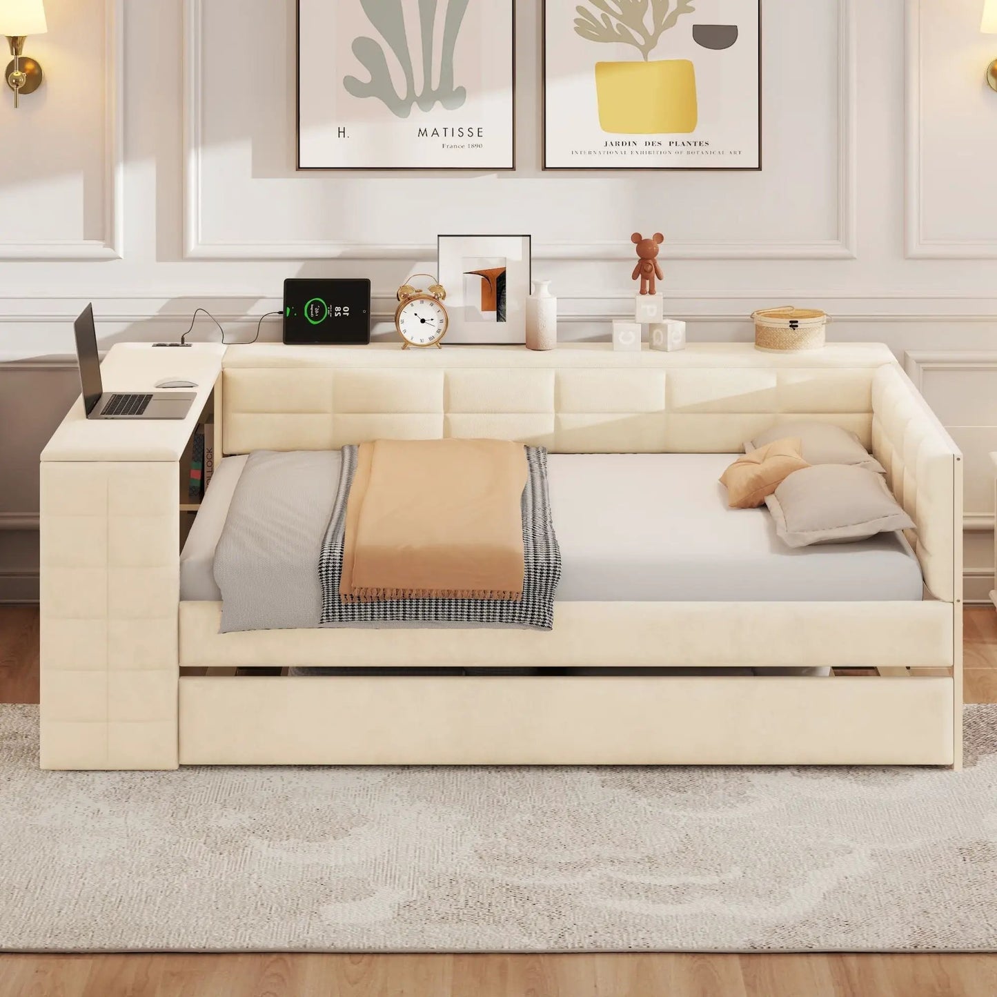 Upholstered Platform Bed with Storage Shelves