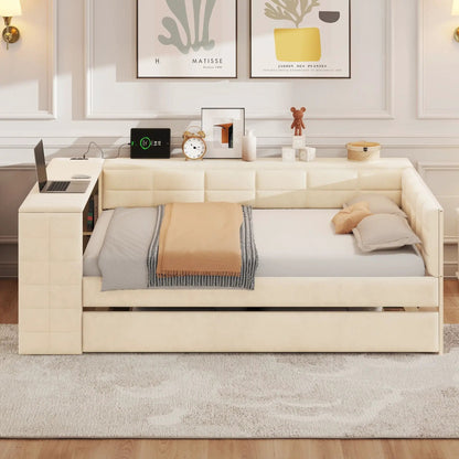 Upholstered Platform Bed with Storage Shelves