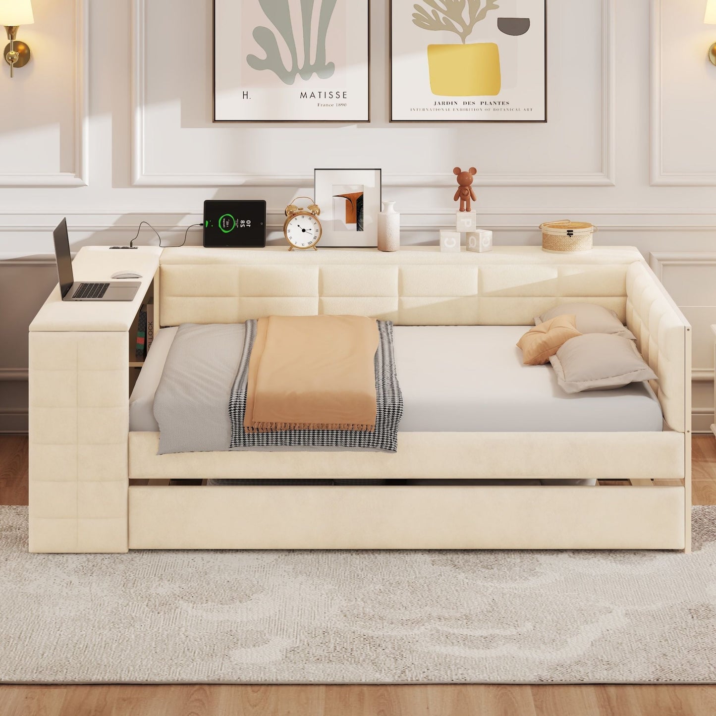 Upholstered platform bed with storage and desk with trundle beige fabric by HouseOfZazla on Tampa Home & Garden Store