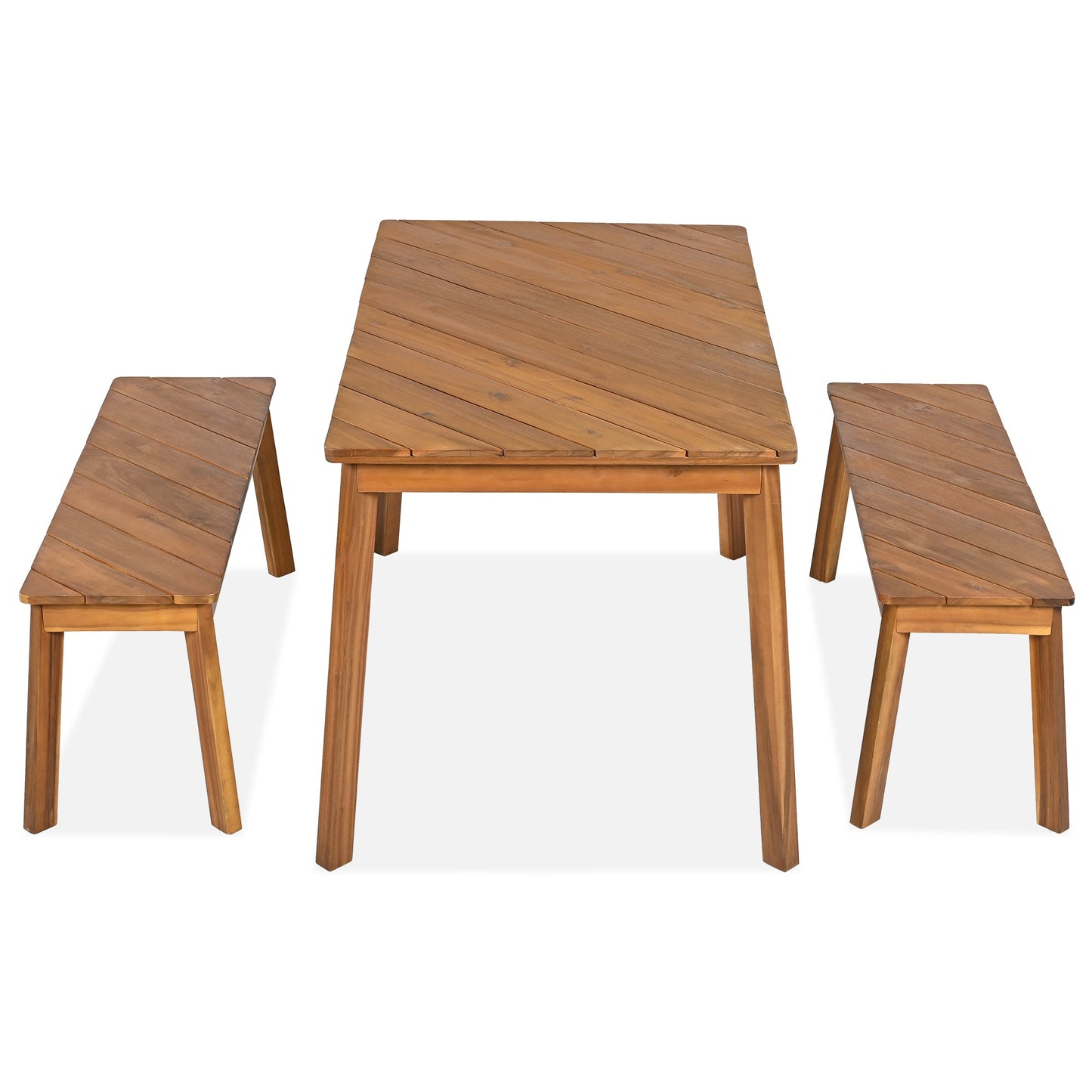 Go 3-Piece Acacia Wood Table Bench Dining Set by HouseOfZazla square slatted table with benches on Tampa Home & Garden Store