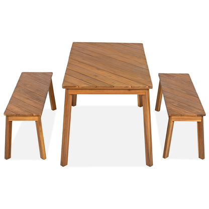 Go 3-Piece Acacia Wood Table Bench Dining Set by HouseOfZazla square slatted table with benches on Tampa Home & Garden Store