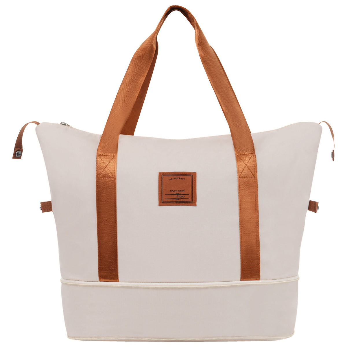 HouseOfZazla white tote bag with tan webbing straps, front label patch on Tampa Home & Garden Store